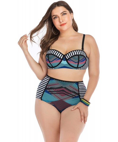 Sets Womens Plus Size Bikini Set Swimwear Swimsuits Bathing Suits Rash Guard - Blue Line - CB18XAT4MG8