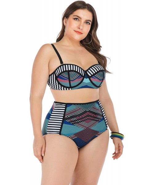 Sets Womens Plus Size Bikini Set Swimwear Swimsuits Bathing Suits Rash Guard - Blue Line - CB18XAT4MG8