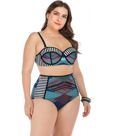 Sets Womens Plus Size Bikini Set Swimwear Swimsuits Bathing Suits Rash Guard - Blue Line - CB18XAT4MG8