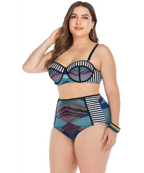 Sets Womens Plus Size Bikini Set Swimwear Swimsuits Bathing Suits Rash Guard - Blue Line - CB18XAT4MG8