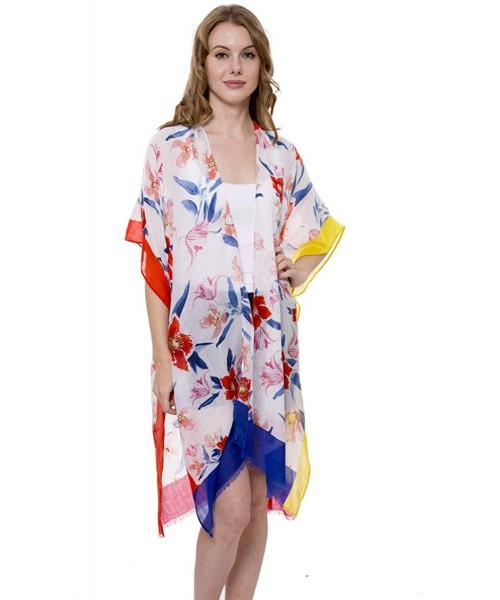 Cover-Ups Women's Summer Floral Print Topper/Cover-Up/Kimono Side Slit Open Front Outwear Beachwear Dress - Jp1412red - CR196...