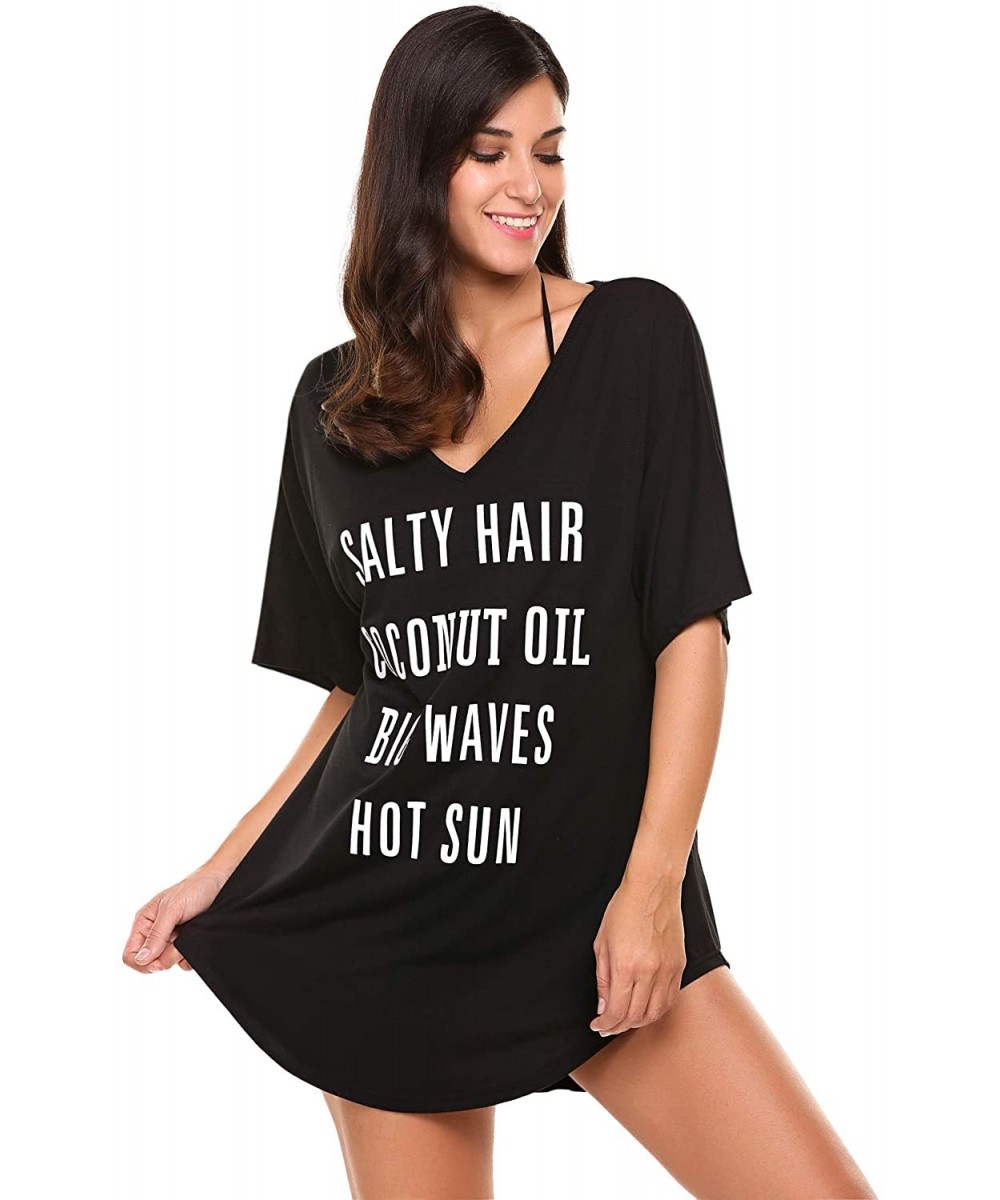 Cover-Ups Beach Cover Ups Womens Baggy Bikini Dress V Neck T-Shirt S-XXL - Black - CM18XDWSQ75