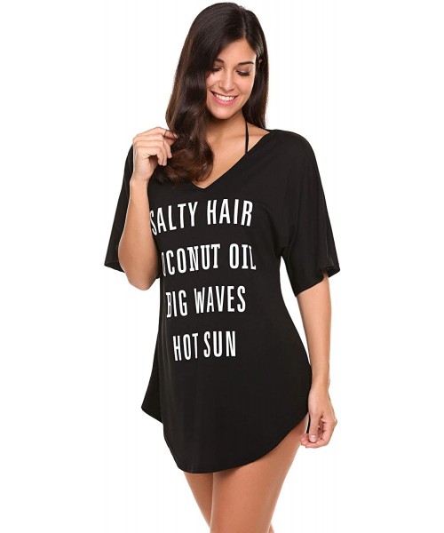 Cover-Ups Beach Cover Ups Womens Baggy Bikini Dress V Neck T-Shirt S-XXL - Black - CM18XDWSQ75