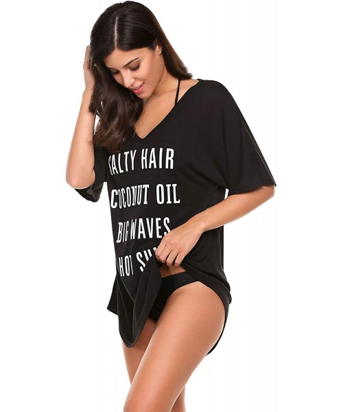 Cover-Ups Beach Cover Ups Womens Baggy Bikini Dress V Neck T-Shirt S-XXL - Black - CM18XDWSQ75