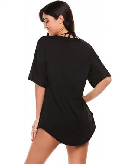 Cover-Ups Beach Cover Ups Womens Baggy Bikini Dress V Neck T-Shirt S-XXL - Black - CM18XDWSQ75