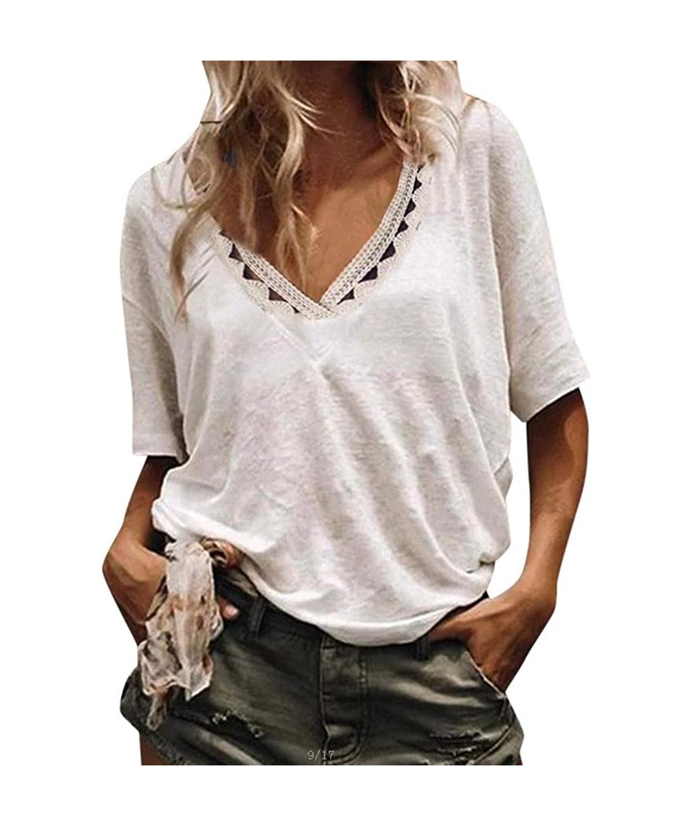 Cover-Ups Womens Summer Short Sleeve T Shirts V Neck Tunic Hollow Out Solid Tops Tees Loose Casual Workout Shirts - White - C...