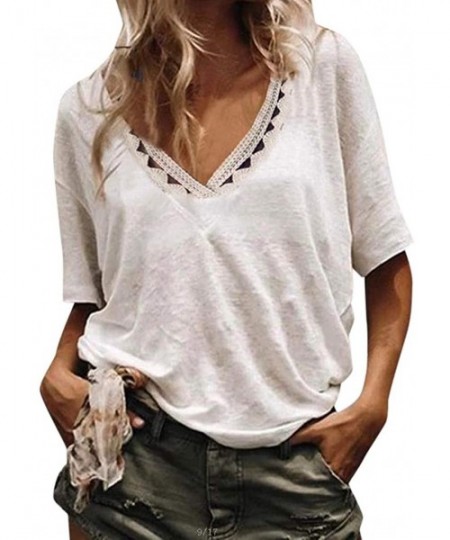 Cover-Ups Womens Summer Short Sleeve T Shirts V Neck Tunic Hollow Out Solid Tops Tees Loose Casual Workout Shirts - White - C...