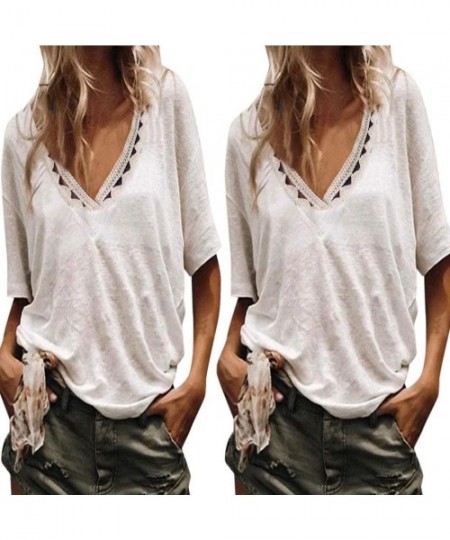 Cover-Ups Womens Summer Short Sleeve T Shirts V Neck Tunic Hollow Out Solid Tops Tees Loose Casual Workout Shirts - White - C...