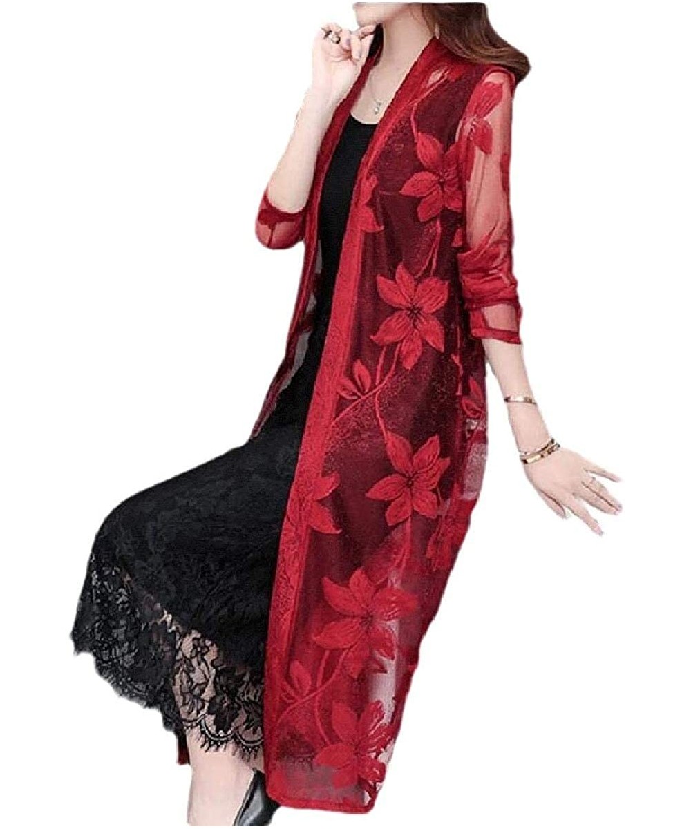 Cover-Ups Womens Floral Lace Bohemian Summer Cardigan Beach Kimono Cover Ups Tops Long - Wine Red - CW19CLXXH84