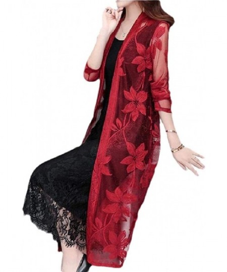 Cover-Ups Womens Floral Lace Bohemian Summer Cardigan Beach Kimono Cover Ups Tops Long - Wine Red - CW19CLXXH84