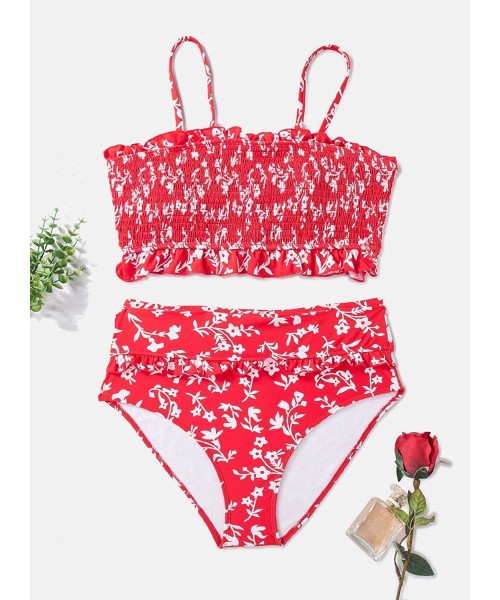 One-Pieces Women's Smocked Bandeau Ruffle Printed One Piece Swimsuit Sexy Halter Cutout Swimwear - C-red - CK195TX6U0X