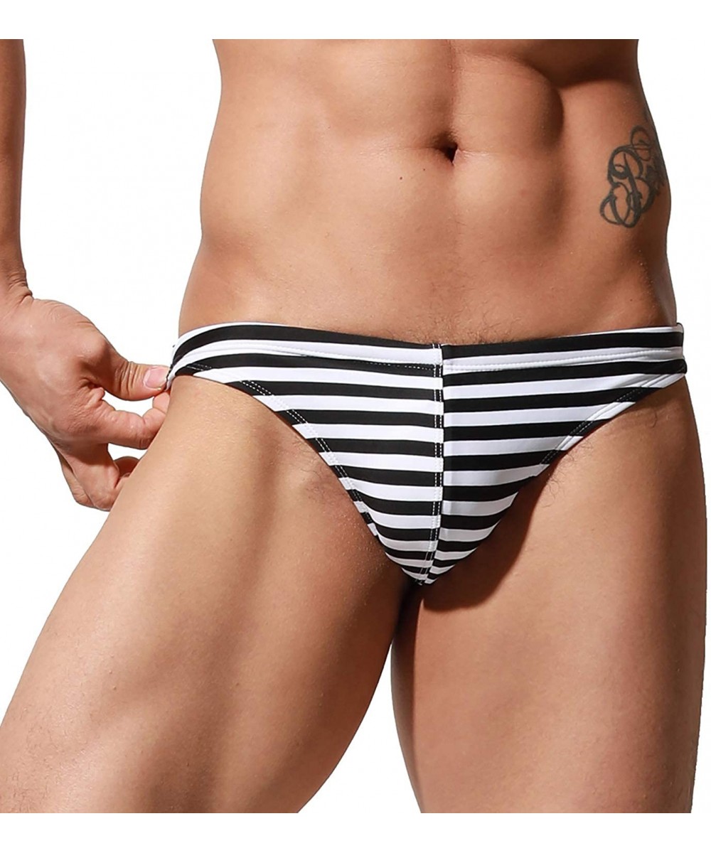 Briefs Men's Slim fit Striped Bikini Swimwear Sunbathing Breathable G-Strings Swimsuit - Black - C91999LO0A6