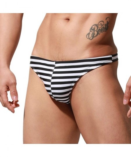 Briefs Men's Slim fit Striped Bikini Swimwear Sunbathing Breathable G-Strings Swimsuit - Black - C91999LO0A6