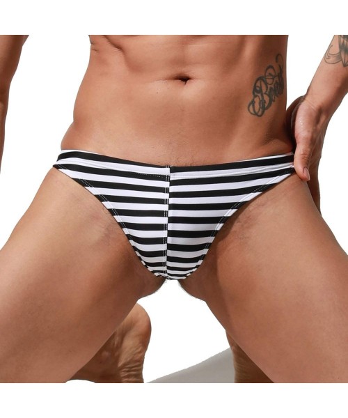 Briefs Men's Slim fit Striped Bikini Swimwear Sunbathing Breathable G-Strings Swimsuit - Black - C91999LO0A6