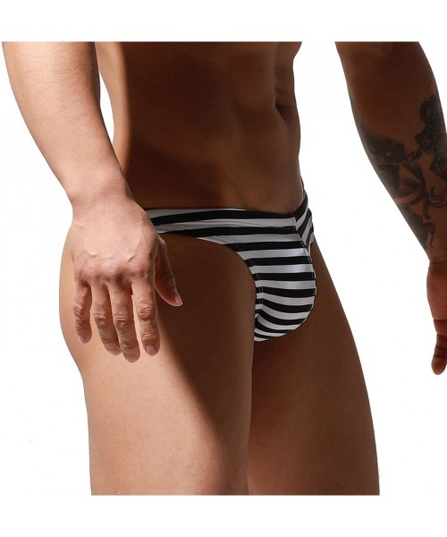 Briefs Men's Slim fit Striped Bikini Swimwear Sunbathing Breathable G-Strings Swimsuit - Black - C91999LO0A6