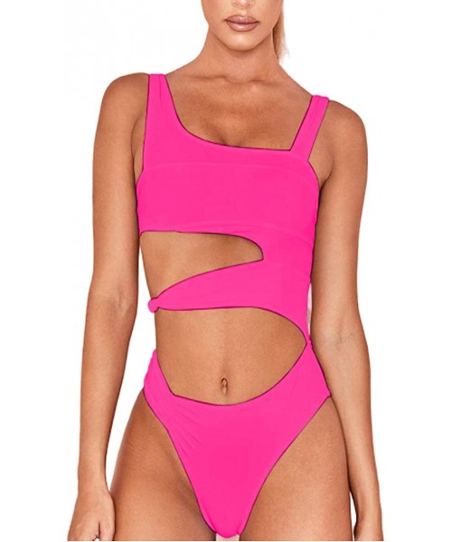 One-Pieces Women Fashion Summer Spaghetti Strap Solid Cutout One Piece Swimwear - Hot Pink - CD196H6R6WE