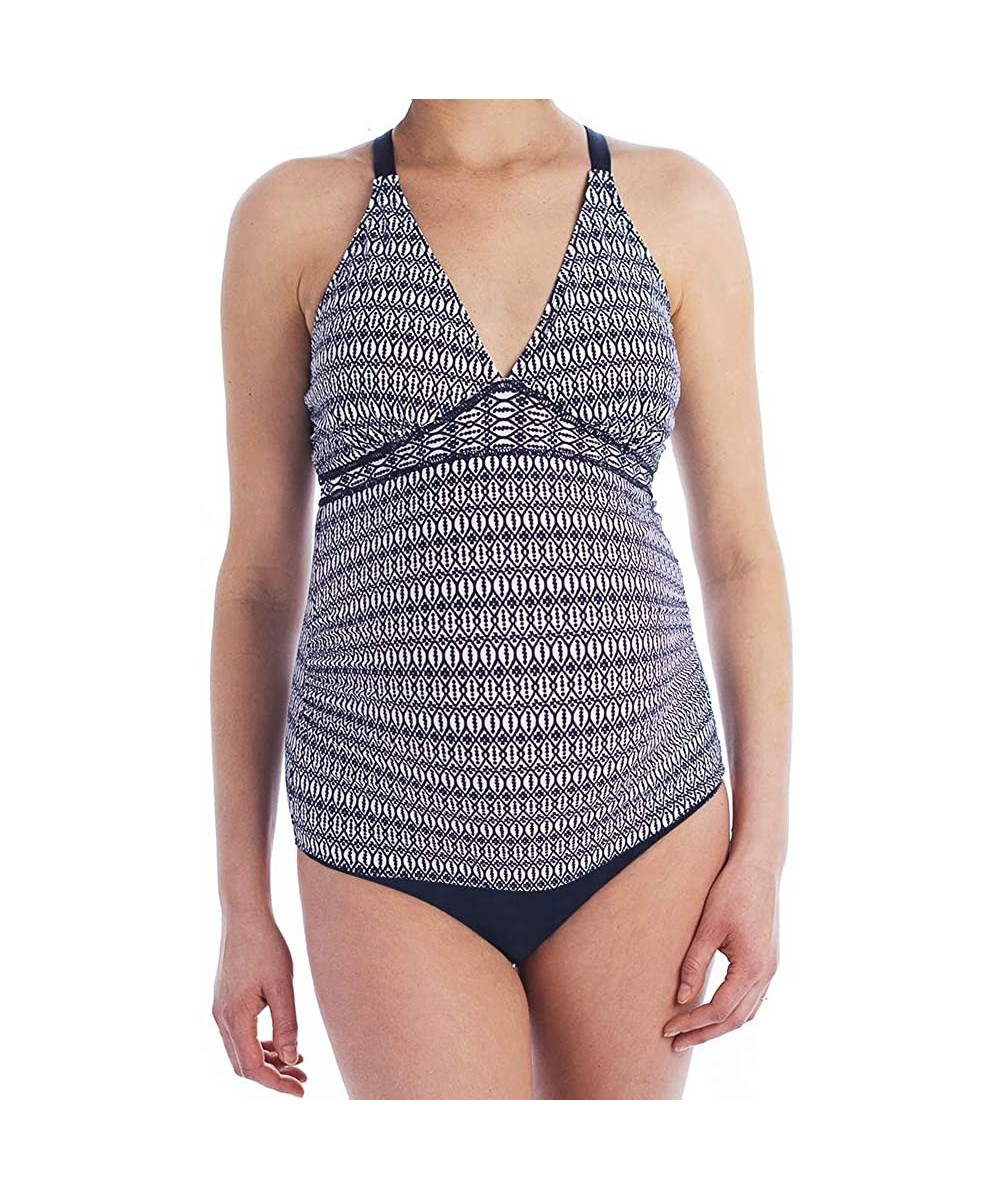 Tankinis Cross Back Maternity Swimwear-Pregnancy Swimsuits-Bathing Suit-Maternity Tankini Top - Navy Print - C518NUK3D33