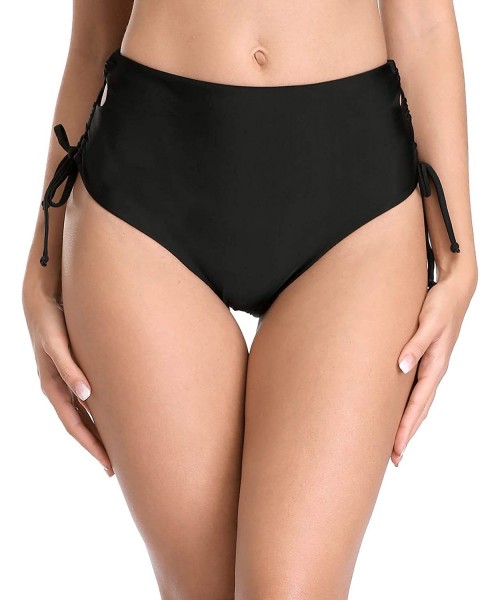 Tankinis Women's Bikini Bottoms High Cut Swim Bottom Ruched Swimwear Briefs - Black(hollow Tide Side ) - CO18T4TT2GH