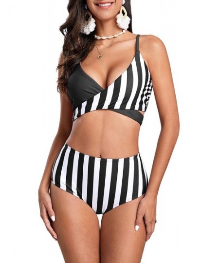 Sets Womens Cross Swimsuits Push Up High Waisted Bikini Set Striped Bandage Bathing Suits - Black - C3192KMW0E5