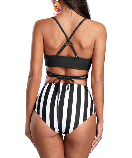 Sets Womens Cross Swimsuits Push Up High Waisted Bikini Set Striped Bandage Bathing Suits - Black - C3192KMW0E5