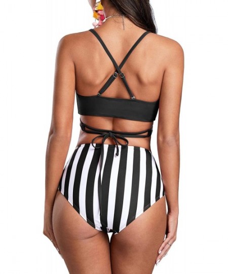 Sets Womens Cross Swimsuits Push Up High Waisted Bikini Set Striped Bandage Bathing Suits - Black - C3192KMW0E5