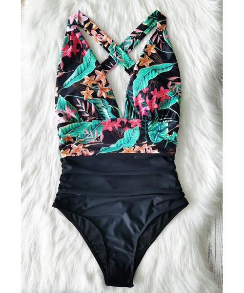 One-Pieces Deep V Neck Halter One Piece Swimsuit Women Backless Sexy Bathing Suit Plunging Monokini - Print6 - CK19DSEO5D9