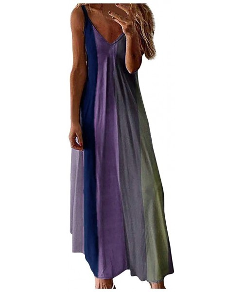 One-Pieces Cami Tank Dresses for Women Elegant Summer V Neck Tie Dyed Maxi Dress Sleeveless Long Dresses Beach Sundress - CO1...