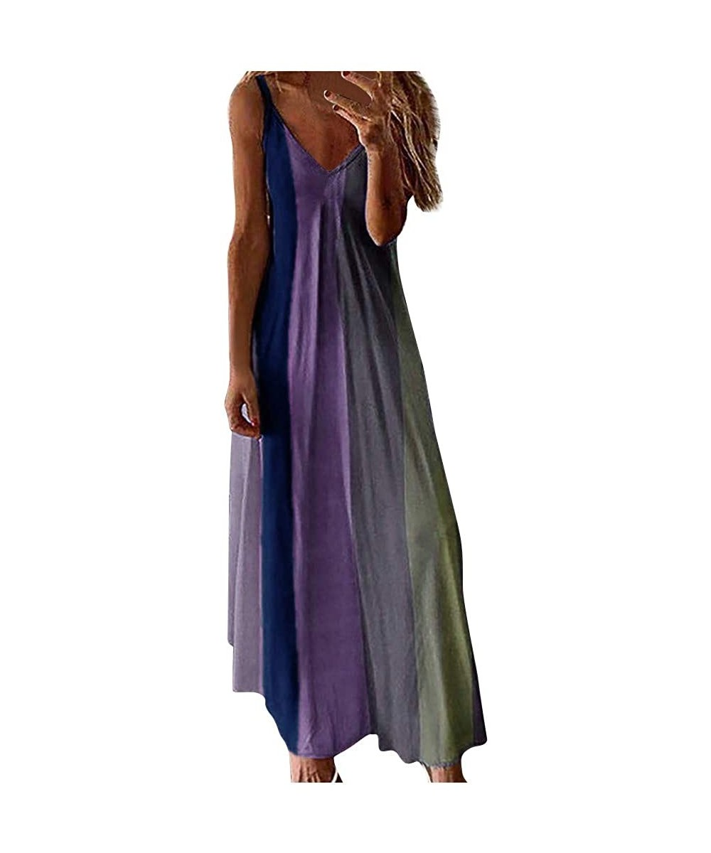 One-Pieces Cami Tank Dresses for Women Elegant Summer V Neck Tie Dyed Maxi Dress Sleeveless Long Dresses Beach Sundress - CO1...