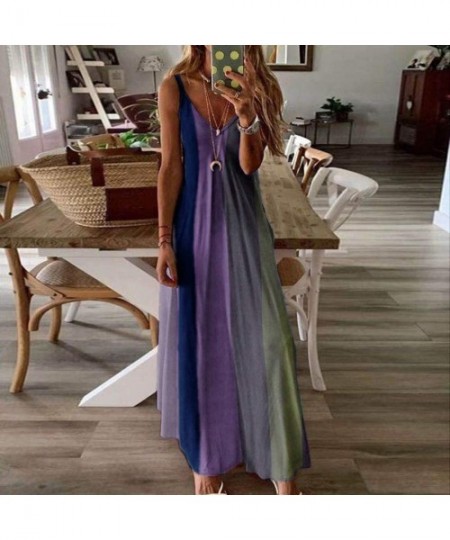 One-Pieces Cami Tank Dresses for Women Elegant Summer V Neck Tie Dyed Maxi Dress Sleeveless Long Dresses Beach Sundress - CO1...