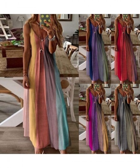 One-Pieces Cami Tank Dresses for Women Elegant Summer V Neck Tie Dyed Maxi Dress Sleeveless Long Dresses Beach Sundress - CO1...