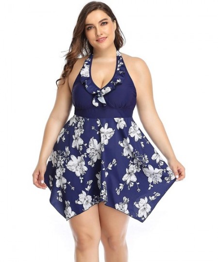 Sets Women's Plus Size Swimsuit Floral Printed Plus Swimwear Tankini Two Pieces Swimdress 2XL-6XL - Blue White Flower - CB194...