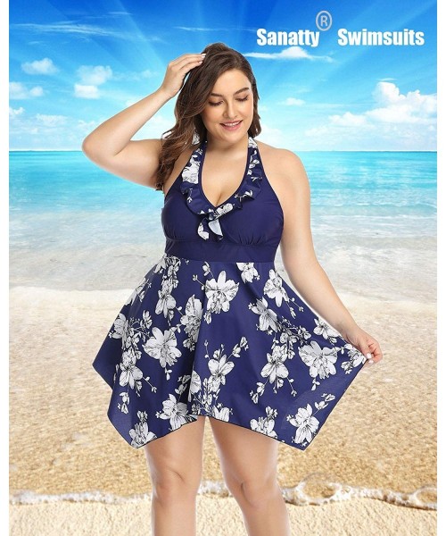 Sets Women's Plus Size Swimsuit Floral Printed Plus Swimwear Tankini Two Pieces Swimdress 2XL-6XL - Blue White Flower - CB194...