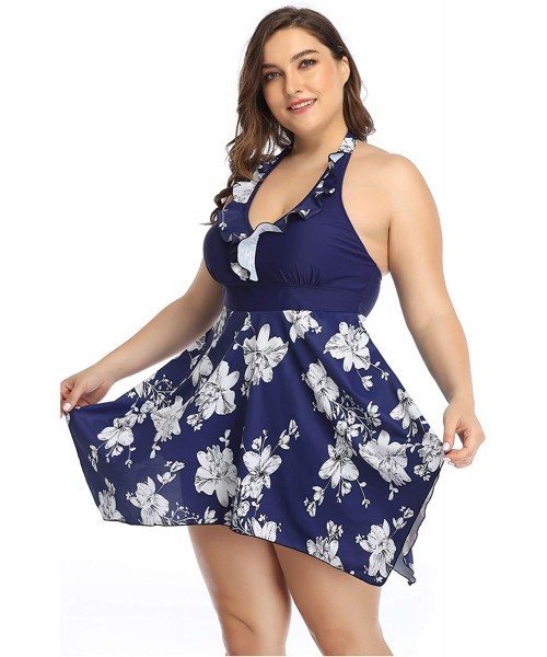 Sets Women's Plus Size Swimsuit Floral Printed Plus Swimwear Tankini Two Pieces Swimdress 2XL-6XL - Blue White Flower - CB194...