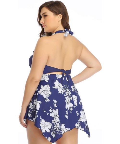 Sets Women's Plus Size Swimsuit Floral Printed Plus Swimwear Tankini Two Pieces Swimdress 2XL-6XL - Blue White Flower - CB194...