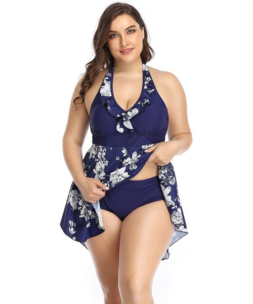 Sets Women's Plus Size Swimsuit Floral Printed Plus Swimwear Tankini Two Pieces Swimdress 2XL-6XL - Blue White Flower - CB194...