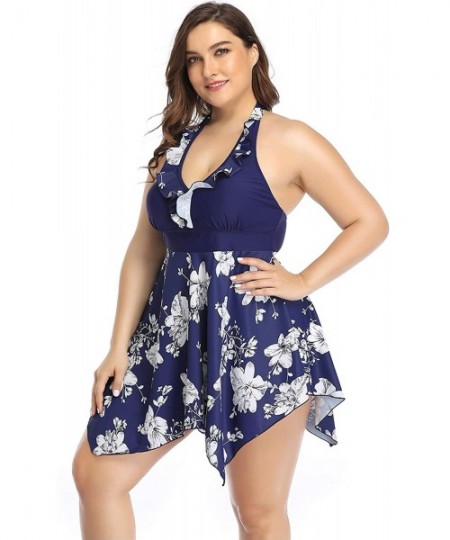 Sets Women's Plus Size Swimsuit Floral Printed Plus Swimwear Tankini Two Pieces Swimdress 2XL-6XL - Blue White Flower - CB194...