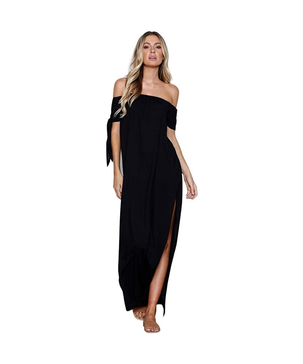 Cover-Ups Women Chiffon Summer Perspective Beach Dress- Off Shoulder Maxi Dress Holiday Swimwear Cover Up ANJUNIE - 2-black -...