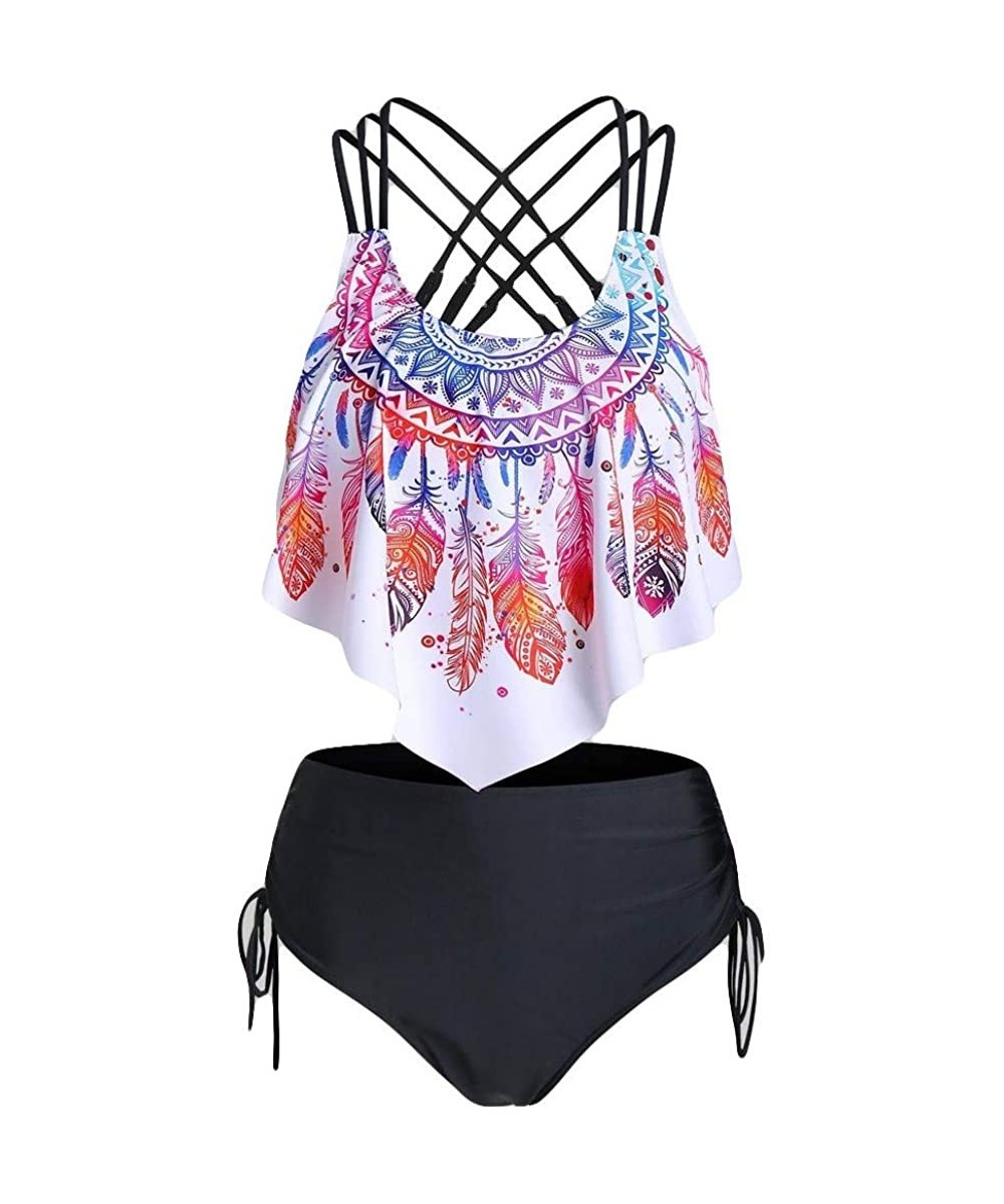 Sets Women Feather Print Push-Up Padded Overlay Flounce Crisscross Tankini Swimwear-Bathing Suit Two Piece Sexy Swimsuit for ...