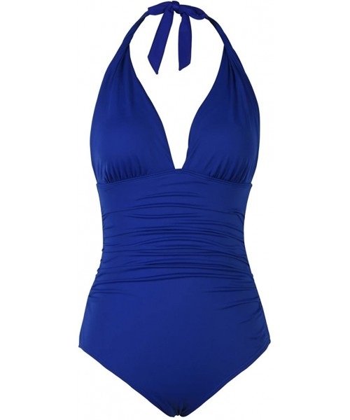 One-Pieces Women's Plunge Deep V Neck One Piece Swimsuit Halter Bikinis Monokinis Shirred Details - Royal Blue - CN188TRRH2A