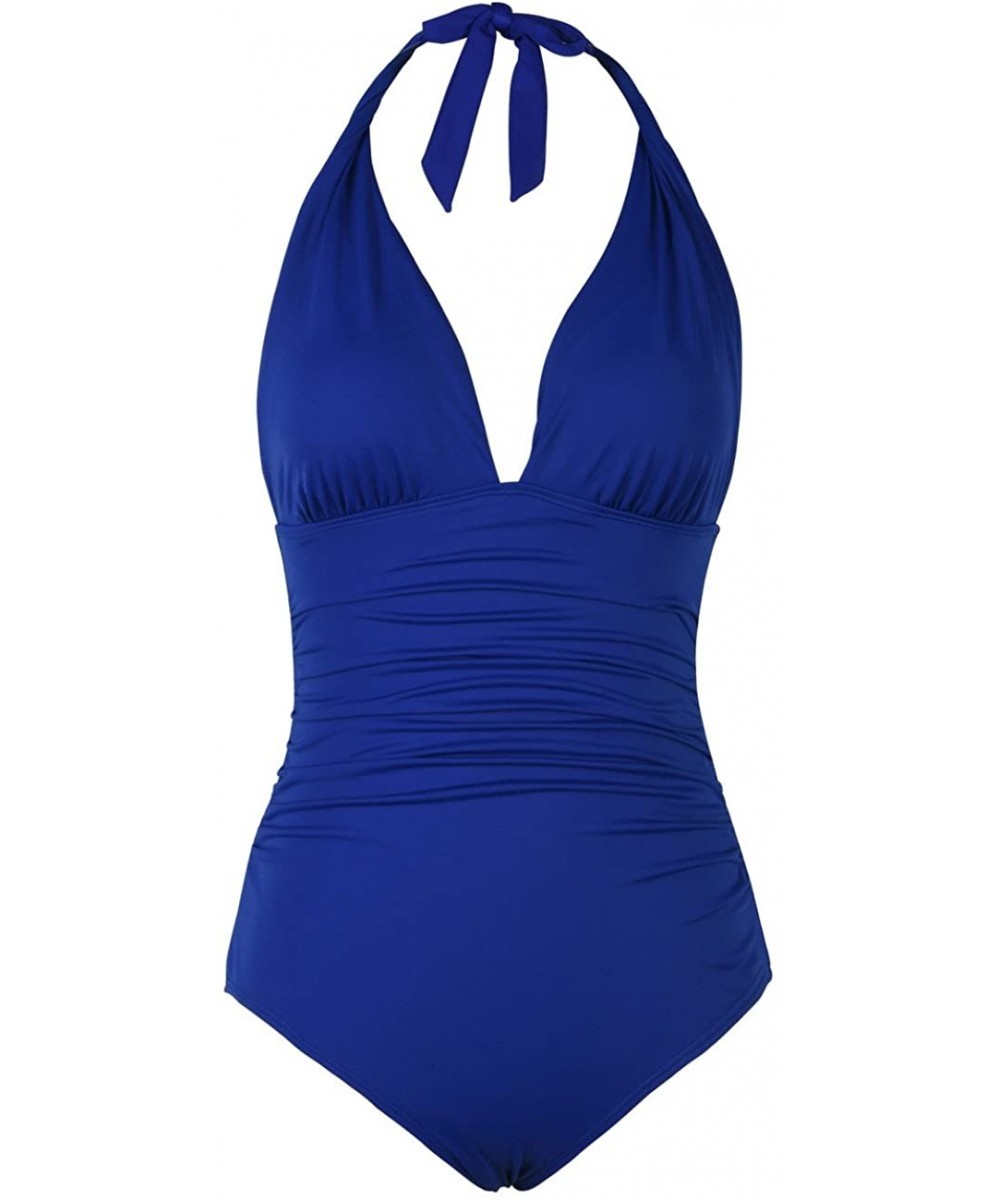 One-Pieces Women's Plunge Deep V Neck One Piece Swimsuit Halter Bikinis Monokinis Shirred Details - Royal Blue - CN188TRRH2A