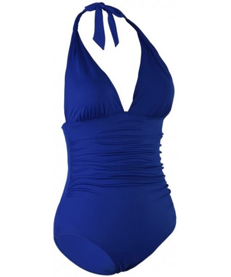 One-Pieces Women's Plunge Deep V Neck One Piece Swimsuit Halter Bikinis Monokinis Shirred Details - Royal Blue - CN188TRRH2A