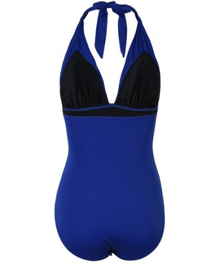 One-Pieces Women's Plunge Deep V Neck One Piece Swimsuit Halter Bikinis Monokinis Shirred Details - Royal Blue - CN188TRRH2A