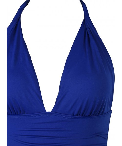 One-Pieces Women's Plunge Deep V Neck One Piece Swimsuit Halter Bikinis Monokinis Shirred Details - Royal Blue - CN188TRRH2A