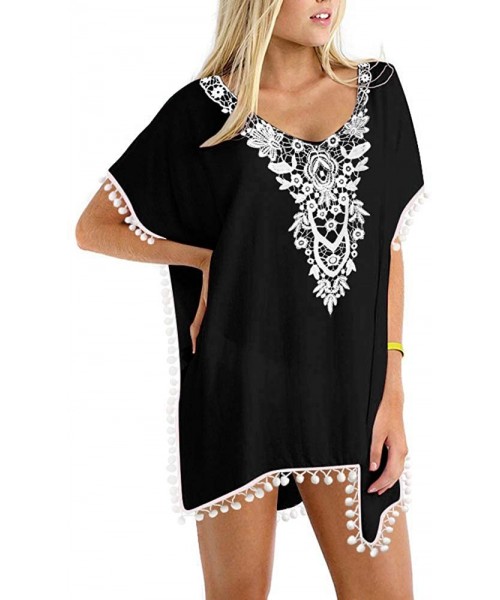 Cover-Ups Women's Pom Pom Trim Kaftan Chiffon Swimwear Beach Cover Up - Crochet_black - C8190HZ3YZY