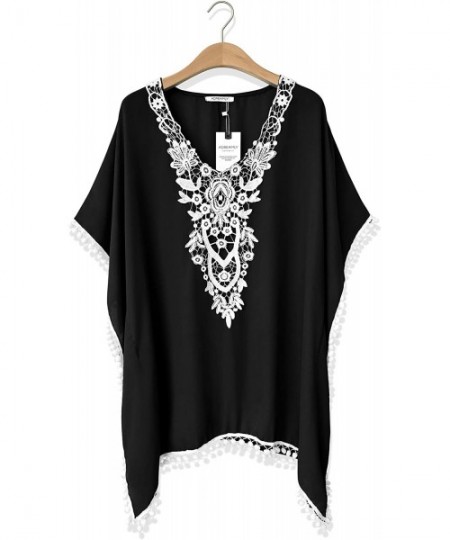 Cover-Ups Women's Pom Pom Trim Kaftan Chiffon Swimwear Beach Cover Up - Crochet_black - C8190HZ3YZY