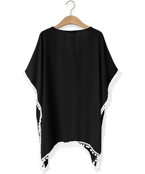 Cover-Ups Women's Pom Pom Trim Kaftan Chiffon Swimwear Beach Cover Up - Crochet_black - C8190HZ3YZY