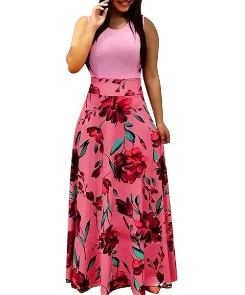 Cover-Ups Dress for Women Casual- Womens Sleeveless Strappy Sundress Floral Printed Dress Beach Long Maxi Dresses - Pink - CD...