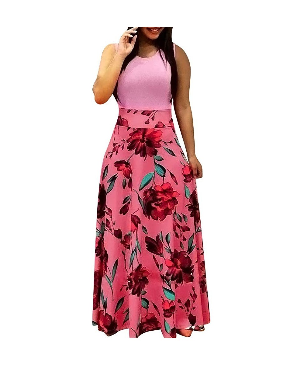 Cover-Ups Dress for Women Casual- Womens Sleeveless Strappy Sundress Floral Printed Dress Beach Long Maxi Dresses - Pink - CD...