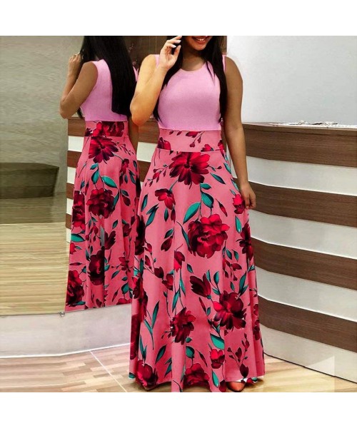 Cover-Ups Dress for Women Casual- Womens Sleeveless Strappy Sundress Floral Printed Dress Beach Long Maxi Dresses - Pink - CD...