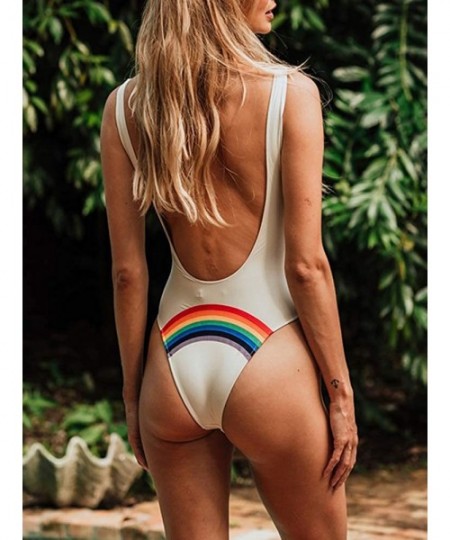 One-Pieces Womens Retro High Cut One Piece Swimsuits Low Back Backness Rainbow Monokini Bathing Suits - White - CN18NW94R9I